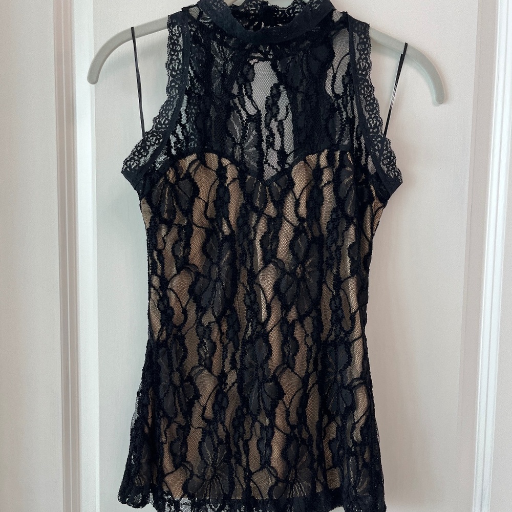 BSB Collection Black Sheer Lace Long Sleeve Top – Elegant Evening Blouse, Size S